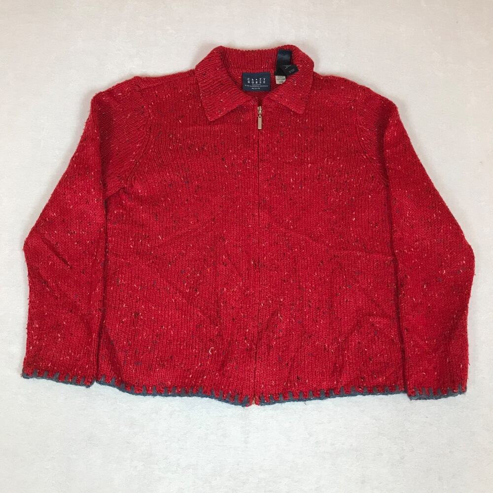 Vintage Crazy Horse Red Flecked Chunky Knit Collar Full Zip Jacket Petite Medium